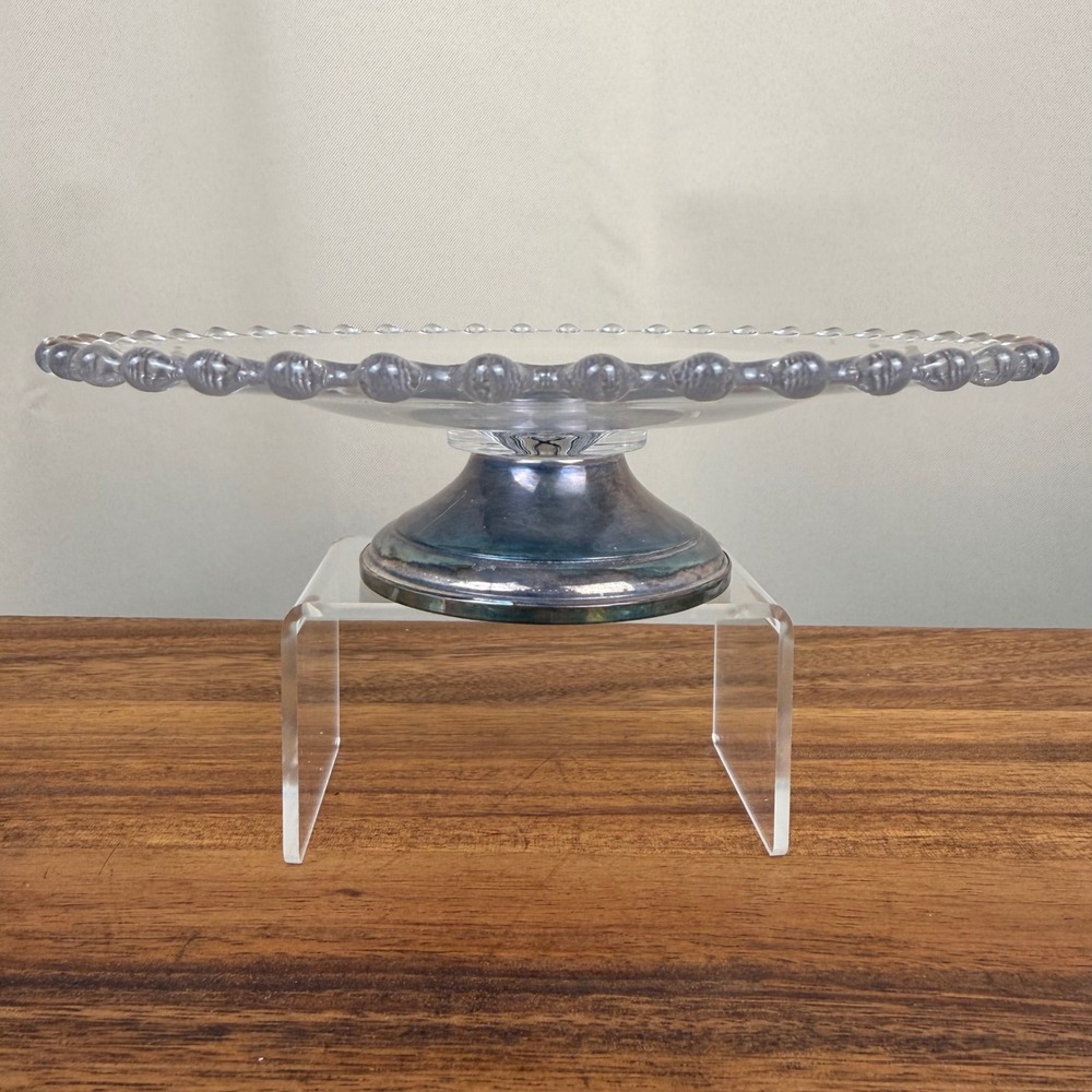 Imperial Candlewick Glass Cake Stand Sterling Silver Weighted Base Beaded Edge
